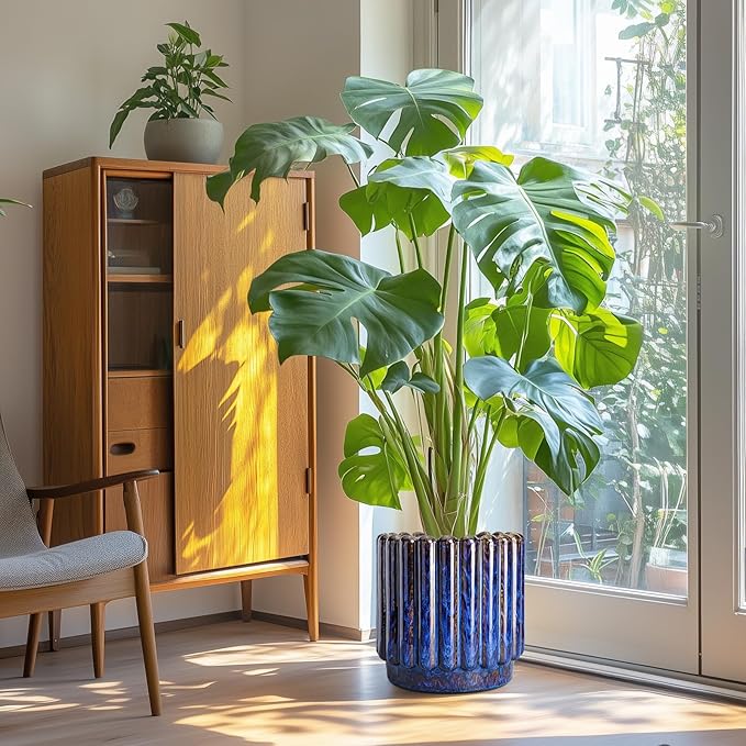 12 Inch Pots for Plants - Ceramic Planter Indoor Outdoor, Large Ceramic Flower Pots with Drainage Hole, Fluted Modern Round Planter, Living Room Home Decor, Gifts for Plant Lovers, Blue