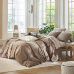 MooMee Bedding Duvet Cover Set 100% Washed Cotton Linen Like Textured Breathable Durable Soft Comfy (Solid Brown, Twin 68"x90")