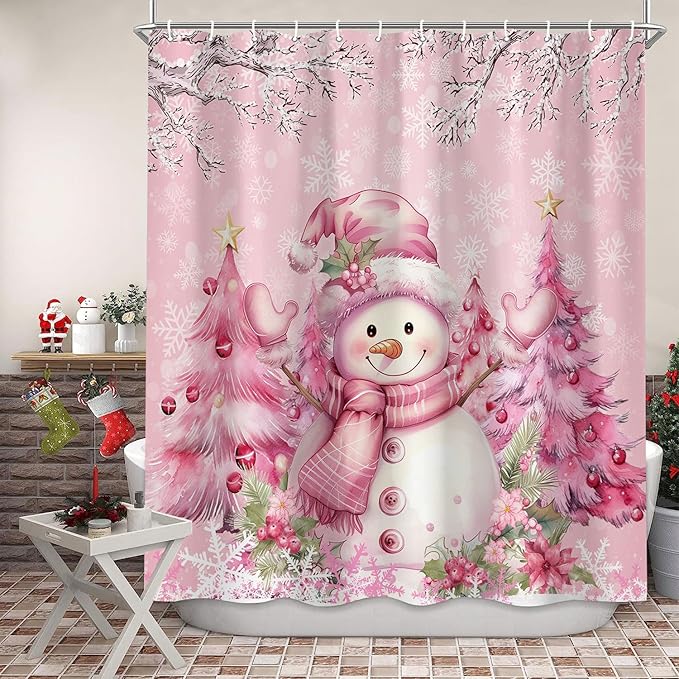 Pink Christmas Snowman Shower Curtain, Cute Winter Snowflake Snowman Pine Tree Decoration Xmas Shower Curtain for Bathroom, Farmhouse Christmas Holiday Fabric Bath Curtain Set with Hooks 72"X72"