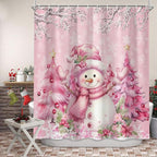 Pink Christmas Snowman Shower Curtain, Cute Winter Snowflake Snowman Pine Tree Decoration Xmas Shower Curtain for Bathroom, Farmhouse Christmas Holiday Fabric Bath Curtain Set with Hooks 72"X72"
