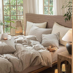 MooMee Wavy Striped Duvet Cover Set 100% Washed Cotton Linen Like Textured Breathable Durable Soft Comfy (Beige, Oversized Queen 98"x98")
