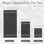 Premium Staple Cotton Bathroom Towel Set - Dark Gray 600 GSM 6-Piece Luxury Bath Towel Set 1 Stripe - 2 Bath Towels, 2 Hand Towels & 2 Washclothes Set - High Absorbent & Quick Dry for Gym, Spa, Hotel