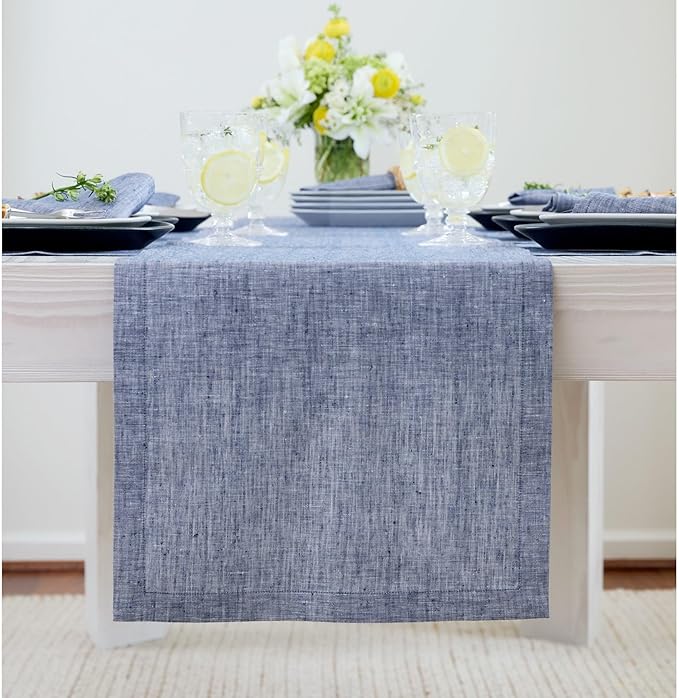 Solino Home Linen Small Table Runner 48 Inches - Athena, 100% Pure Linen Chambray Indigo Table Runner 14 x 48 Inch Ideal for Dresser and Coffee Tables - Christmas, Holiday