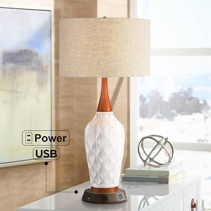 360 Lighting Rocco Mid Century Modern Table Lamp with USB and AC Power Outlet Workstation Charging Base 30" Tall White Ceramic Oak Wood Tan Fabric Drum Shade for Living Room Bedroom House