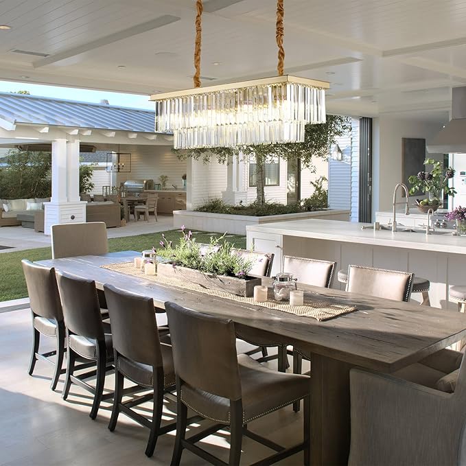 Gold Rectangular Chandelier 31.5 Inch - 8-Light Luxury Modern Crystal Pendant Height-Adjustable Lighting Fixture for Dining Room, Kitchen Island & Bar - Premium K9 Crystals(Gold, L-31.5")