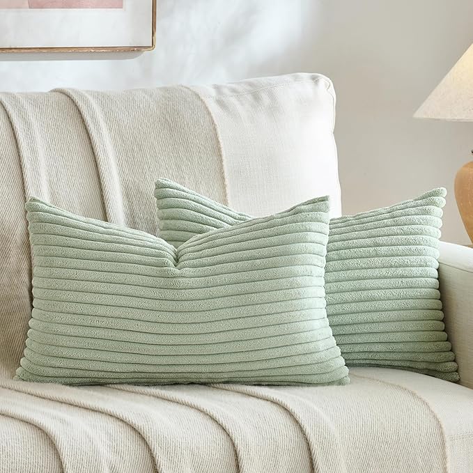 Fancy Homi Set of 2 Sage Green Boho Lumbar Decorative Throw Pillow Covers 12x24 Inch for Bedroom Couch Chair, Soft Cozy Corduroy Rectangle Cushion Case, Bohemian Home Decor, Men Women Teen Girls Gift
