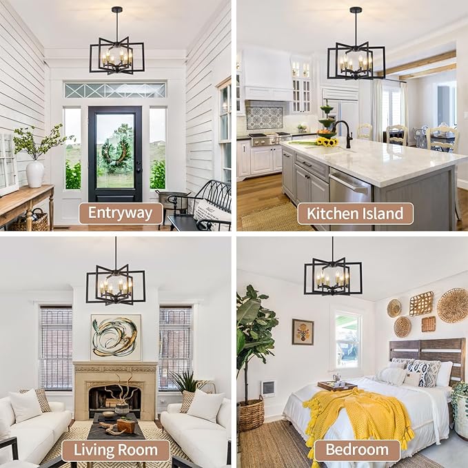 Dining Room Light Fixture,Farmhouse Geometric Chandeliers Black and Gold Kitchen Island Light,6-Light Modern Industrial Chandelier for Foyer Entryway Stairway,UL-Listed