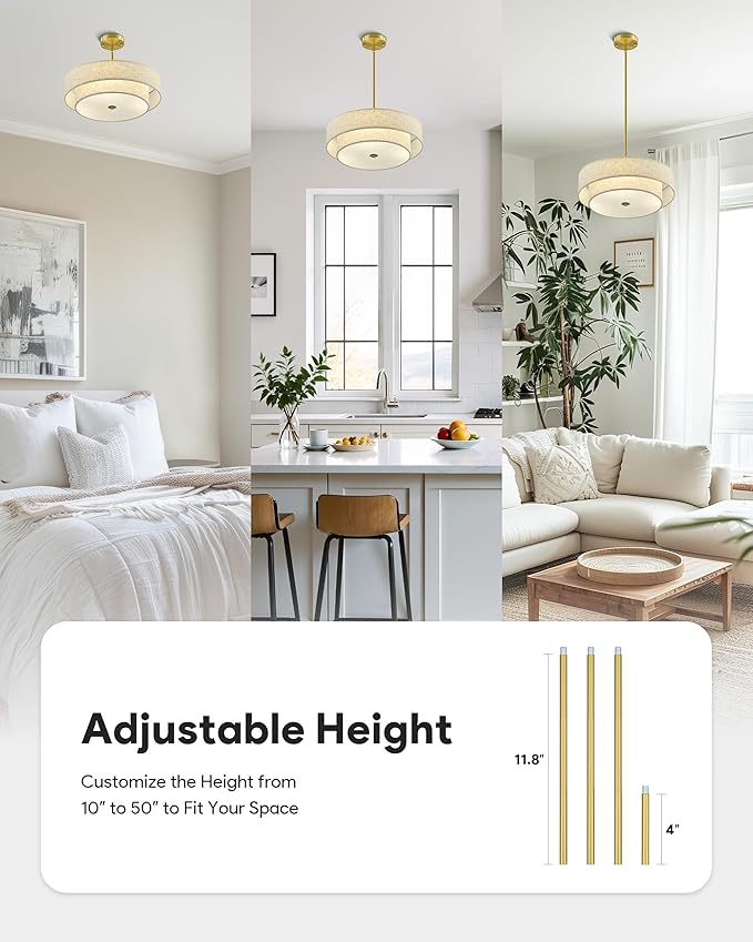 VONLUCE Modern Chandeliers, 18" Drum Chandeliers with 2-Layer Fabric Shade, 4-Light Pendant Light Fixture with E26 Bases, Light Fixture for Dining Room Bedroom Living Room, Linen Shade & Brass Finish