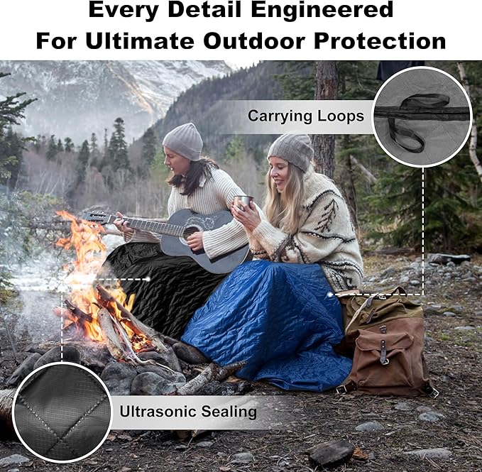 Waterproof Outdoor Blanket 82”X 55” Packable, Stadium Blankets for Camping with Fleece Lining, Large Windproof Emergency Throw Mat for Garss Picnic Hiking Road Trip, Machine Washable, Black 300GSM
