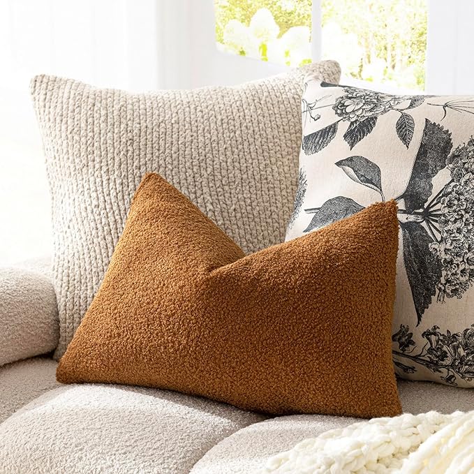 Foindtower Pack of 2, Curly Faux Fur Lumbar Decorative Throw Pillow Covers Soft Fuzzy Plush Cushion Case Cozy Pillowcase for Living Room Couch Bed Sofa Home Decor 12 x 20 Inch, Bronze