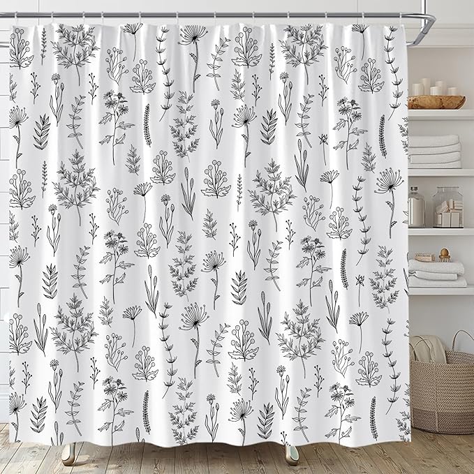 Black White Botanical Shower Curtain Boho Floral Farmhouse Neutral Cute Leaves Plant Retro Flowers Bathroom Curtain Set with Hooks(59" Wx70 H)