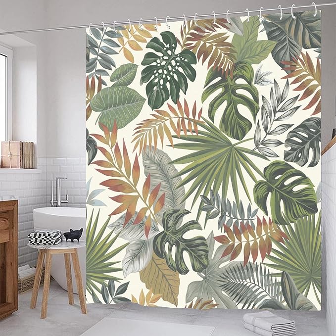 Tropical Leaves Shower Curtain Yellow Green Palm Monstera Leaf Shower Curtains for Bathroom Waterproof Polyester Fabric Bathroom Curtain 72 x 72 Inch with 12 Plastic Hooks