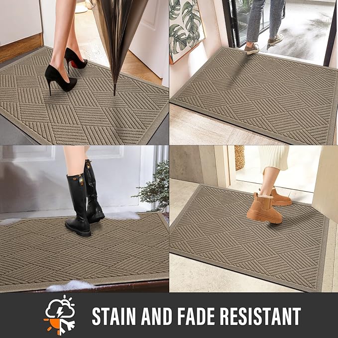 Sturdy Front Door Mat, Absorbent Muddy Dirt Resist Welcome Door Mats Outdoor Indoor, Stain and Fade Resistant, Non-Slip Rubber Backing Low Profile Doormat for Entryway, 60×36, Beige