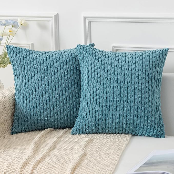 Kevin Textile Throw Pillow Covers Soft Corduroy Decorative Set of 2 Boho Striped Pillow Covers Pillowcases Farmhouse Home Decor for Couch Bed Sofa Living Room 20x20 Inch Light Blue