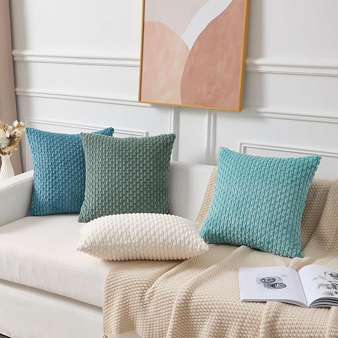 Kevin Textile Decorative Pillow Covers Set of 2 Striped Plush Corduroy Pillows Pillowcases Boho Home Decor Cushion Covers for Couch Sofa Bed Living Room 22x22 Inch, Teal Green