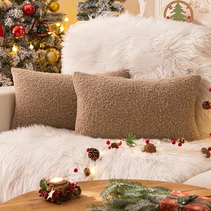 AQOTHES Khaki Winter Throw Pillow Covers 12x20 Inch Set of 2, Boucle Faux Fur Pillow Covers,Cozy Fluffy Home Living Room Farmhouse Decor for Sofa Couch Bed