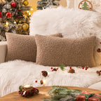AQOTHES Khaki Winter Throw Pillow Covers 12x20 Inch Set of 2, Boucle Faux Fur Pillow Covers,Cozy Fluffy Home Living Room Farmhouse Decor for Sofa Couch Bed