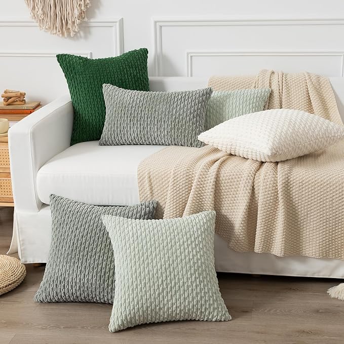 Kevin Textile Throw Pillow Covers Soft Corduroy Decorative Set of 2 Boho Striped Pillow Covers Pillowcases Farmhouse Home Decor for Couch Bed Sofa Living Room 26x26 Inch Greyish Green
