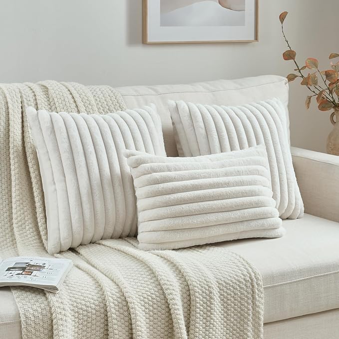 FUTEI Cream White Striped Decorative Throw Pillow Covers 12x20 Inch Set of 2,Rectangle Winter Decorations Couch Lumbar Pillowcase,Soft Cozy Faux Rabbit Fur & Velvet Back,Modern Home Decor for Bed