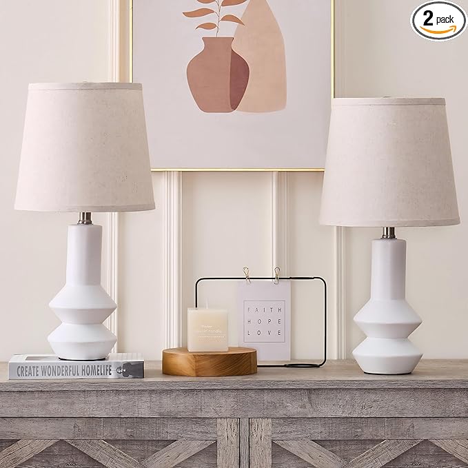 20 Inch White Ceramic Table Lamp Set of 2 with Oatmeal Fabric Shade, 3-Way Dimmable Small Bedside Lamp for Bedroom, Office, Living Room & Nightstand