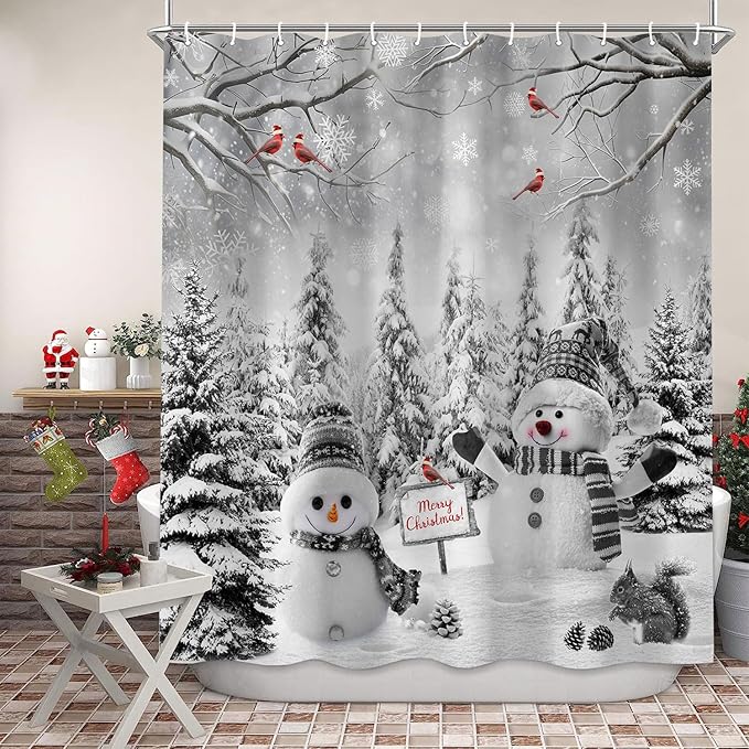 Winter Christmas Snowman Shower Curtain, Grey Winter Forest Cardinal Snowflake Holiday Farmhouse Xmas Shower Curtain Set for Bathroom Accessories Rustic Christmas Decorations with Hooks 72"X72"