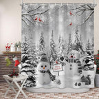 Winter Christmas Snowman Shower Curtain, Grey Winter Forest Cardinal Snowflake Holiday Farmhouse Xmas Shower Curtain Set for Bathroom Accessories Rustic Christmas Decorations with Hooks 72"X72"