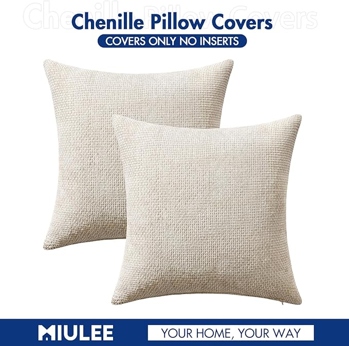MIULEE Pack of 2 Christmas Couch Throw Pillow Covers 18x18 Inch Neutral Beige Modern Boho Accent Decorative Pillow Covers Soft Chenille Farmhouse Cushion Covers for Home Decor Bed Sofa Living Room