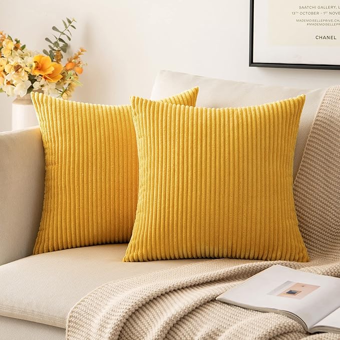 MIULEE Pack of 2 Pillow Covers Soft Soild Decorative Square Throw Pillow Covers Set Cushion Cases Pillowcases for Sofa Bedroom Car 18 x 18 Inch 45 x 45 Cm Mustard Yellow