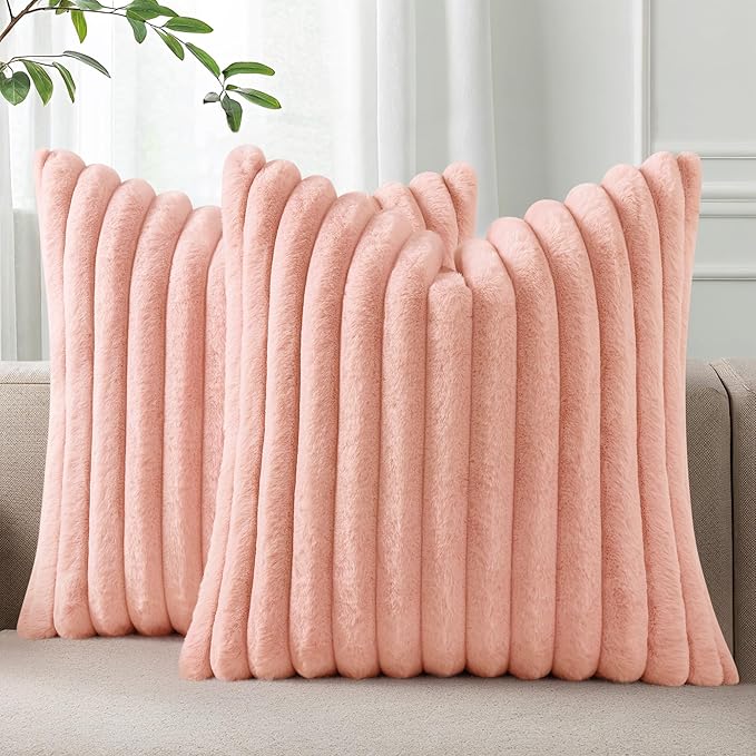 Pallene Faux Fur Plush Throw Pillow Covers 22x22 Set of 2, Luxury Soft Fluffy Striped Decorative Pillow Covers for Sofa, Couch, Living Room, Pink