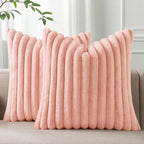 Pallene Faux Fur Plush Throw Pillow Covers 18x18 Set of 2, Luxury Soft Fluffy Striped Decorative Pillow Covers for Sofa, Couch, Living Room, Pink
