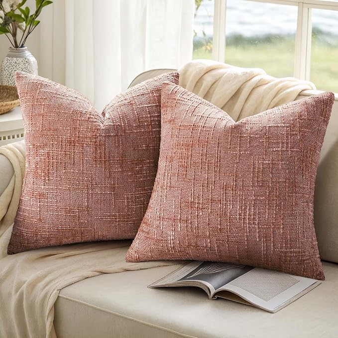 decorUhome Pink Chenille Throw Pillow Covers 16x16 Set of 2 Thick Textured Slubby Couch Pillow Covers Farmhouse Accent Modern Neutral Decorative Pillow Cases for Bed Sofa Living Room