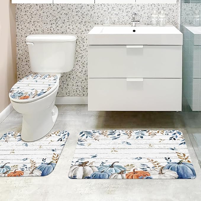 MEHOFOND 4pcs Fall Pumpkin Shower Curtain Set,Autumn Watercolor Blue White Pumpkin Shower Curtain Set,Farmhouse Eucalyptus Leaves Rustic Wood Bathroom Decor,Thanksgiving Holiday Curtains Set 72x72 in