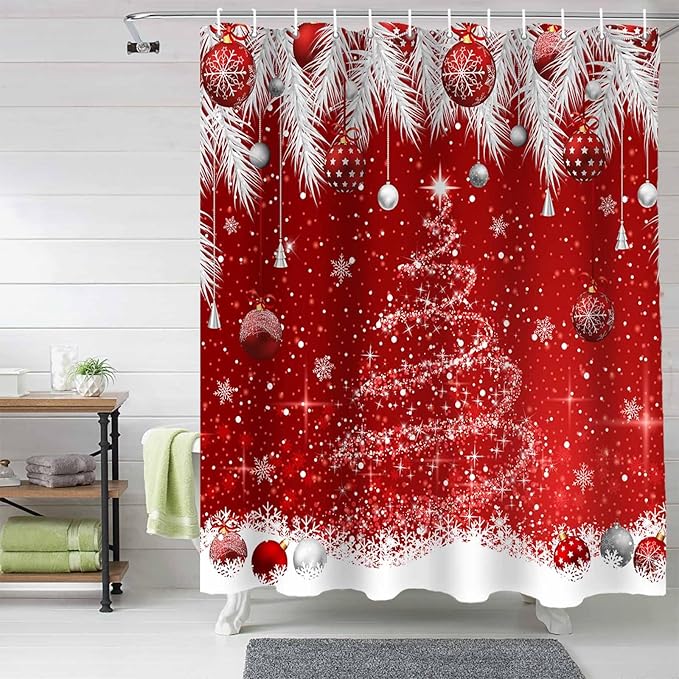 Christmas Tree Shower Curtain, Christmas Balls Shower Curtains Set with Hooks, Snowflake Silver Pine Tree Branch Red Waterproof Bathroom Curtains Holiday Decor Home Accessories,72 x 72 Inch Long