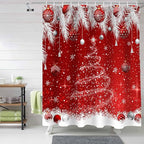 Christmas Tree Shower Curtain, Christmas Balls Shower Curtains Set with Hooks, Snowflake Silver Pine Tree Branch Red Waterproof Bathroom Curtains Holiday Decor Home Accessories,72 x 78 Inch Long