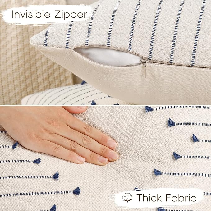 Boho Throw Pillow Covers 18x18 Set of 2 Neutral Woven Decorative Pillowcases Cotton Tufted Couch Pillows Modern Farmhouse Accent Cushion Covers for Sofa Couch Bed Living Room Home Decor, Navy Blue
