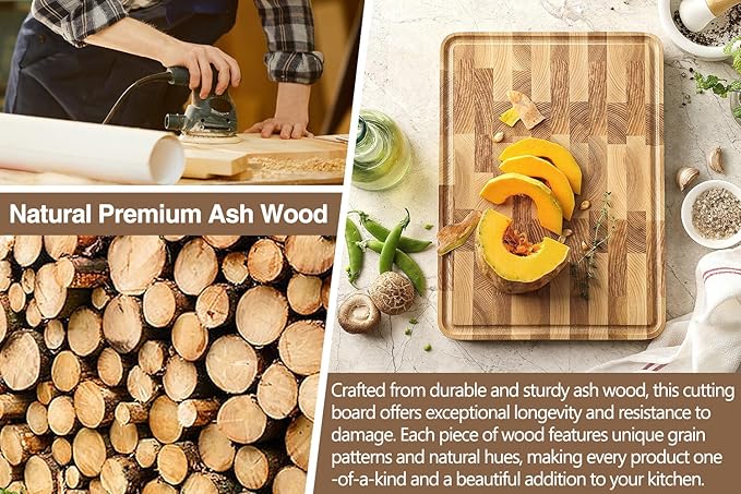 XINZUO Ash Wood Cutting Board for Kitchen, (13.8''L x 9.8''W x 1''T)-End Grain Wood Cutting Board for Meat-Chopping Boards with Slip Feet, Side Handles,Juice Groove