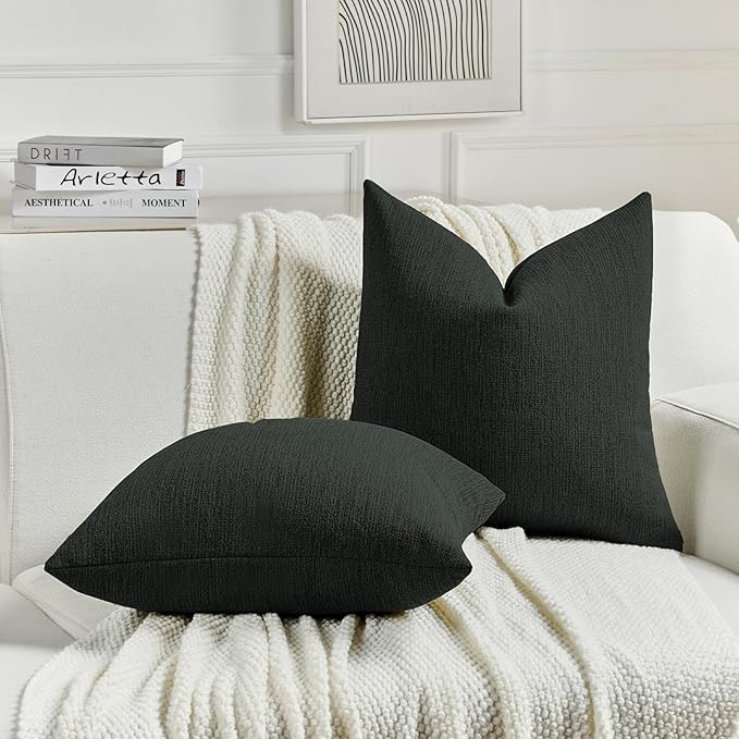 FUTEI Black Chenille Decorative Throw Pillow Covers 12x20 Inch Set of 2,Soft Cozy Faux Linen Textured Lumbar Pillow Cases,Farmhouse Home Decor for Couch Living Room