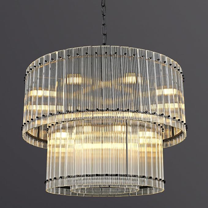 37" Modern Black Round Chandeliers, 3-Tier 16-Light Water Ripple Crystal Glass Chandelier, for Living Room, Foyer, High Ceiling Staircase, Dining Room, Luxury Adjustable Hanging Chandelier
