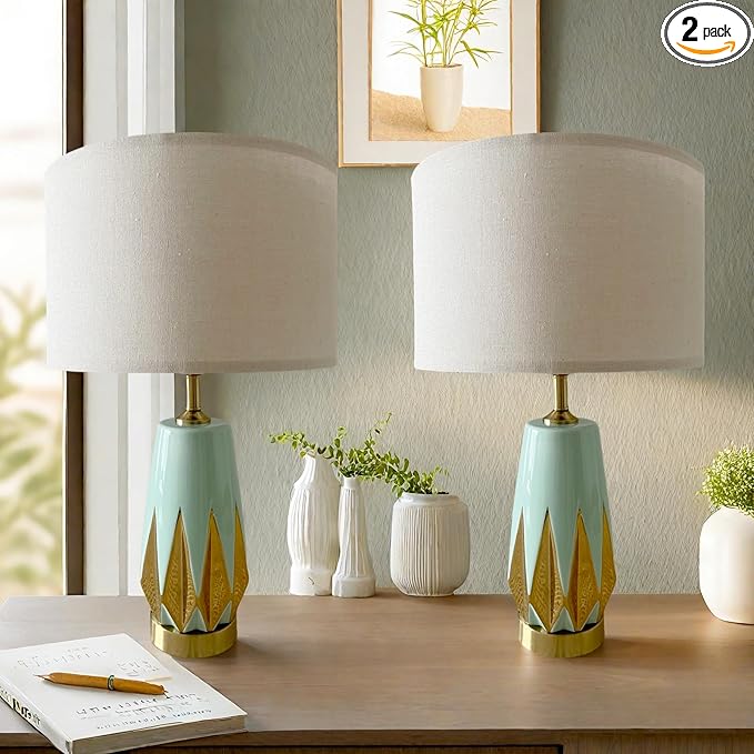 20" Modern Green Ceramic Table Lamp Set of 2 for Farmhouse, Living Room, Bedroom Nightstand, Coffee Table