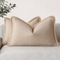 Foindtower Set of 2 Decorative Linen Fringe Throw Pillow Covers Boho Farmhouse Cushion Cover with Tassels Accent Pillowcase for Couch Chair Sofa Bed Living Room Home Bedroom Decor,12×24 Inch,Tan Beige