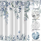 Eucalyptus Shower Curtain, Blue Watercolor Leaves with Floral Botanical Bathroom Decor, Waterproof Fabric Bath Curtain Set with Hooks, 72x84 Inches