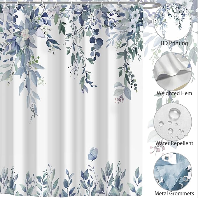 Eucalyptus Shower Curtain, Blue Watercolor Leaves with Floral Botanical Bathroom Decor, Waterproof Fabric Bath Curtain Set with Hooks, 72x84 Inches
