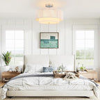 SineRise 16'' Rattan Flush Mount Ceiling Light Fixture,2-Tier Drum Hand-Woven Boho Flush Mount Ceiling Light,Farmhouse Light Fixture for Living Room,Kitchen,Bedroom Foyer Entryway ect.（White）