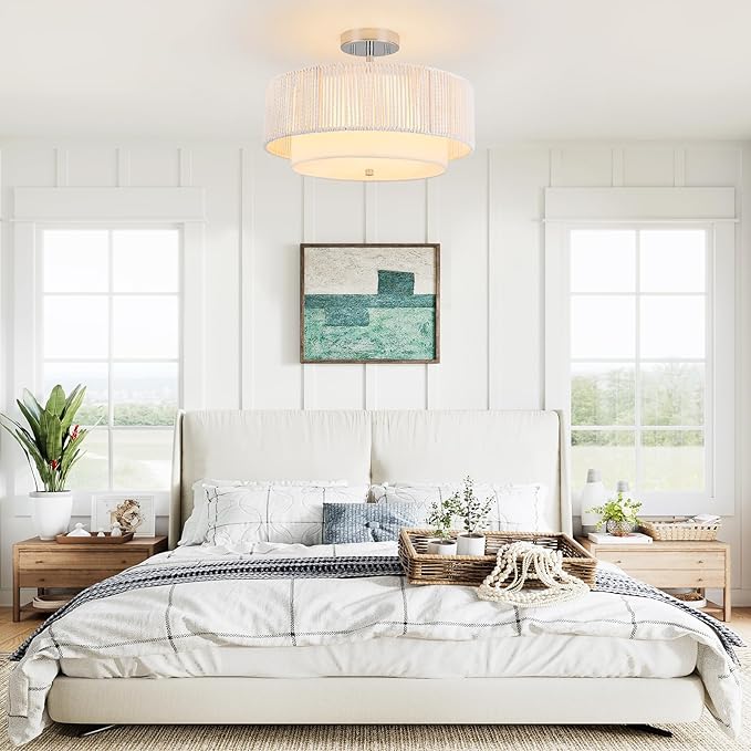 SineRise 16'' Rattan Flush Mount Ceiling Light Fixture,2-Tier Drum Hand-Woven Boho Flush Mount Ceiling Light,Farmhouse Light Fixture for Living Room,Kitchen,Bedroom Foyer Entryway ect.（White）