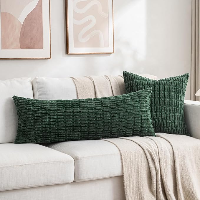 Fancy Homi 1 Pack Hunter Green Long Lumbar Body Decorative Throw Pillow Covers 20x54 Inch for Bed Couch Bedroom Bench, Soft Corduroy Rectangle Solid Forest Green Pillow Case 50x137 cm