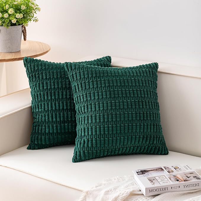 Pack of 2 Corduroy Decorative Throw Pillow Covers 24x24 Inch Soft Striped Pillow Covers Modern Farmhouse Home Decor for Sofa Living Room Couch Bed（Blackish Green）