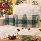 AQOTHES Green White Plaid Winter Throw Pillow Covers 12x20 Inch Set of 2, Boucle Faux Fur Pillow Covers,Cozy Fluffy Home Living Room Farmhouse Decor for Sofa Couch Bed