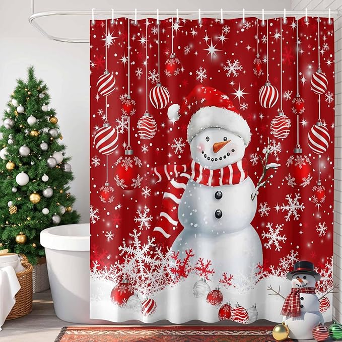 Vandarllin Christmas Shower Curtain, Snowman Shower Curtains Set with Hooks, Snowflake Red Christmas Balls Waterproof Bathroom Curtains Xmas Holiday Decor Home Accessories,72 X 96 Inch Extra Long