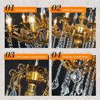 Luxury Copper Crystal Chandelier, 32" Vintage K9 Crystal Pendant Light with 10 Lights, Antique Brass Ceiling Light Fixture with Scrolled Arms for Dining Room Living Room Foyer Villa Hotel