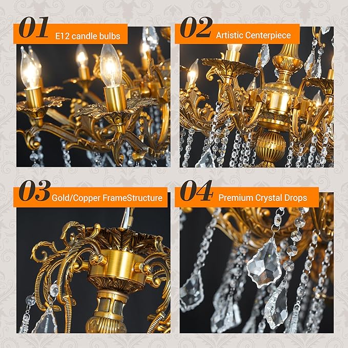 Luxury Copper Crystal Chandelier, 32" Vintage K9 Crystal Pendant Light with 10 Lights, Antique Brass Ceiling Light Fixture with Scrolled Arms for Dining Room Living Room Foyer Villa Hotel